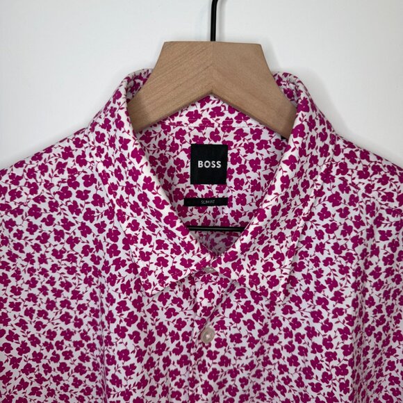 BOSS Hugo Boss Slim Fit Floral Dress Shirt Pink White Long Sleeve Size XL - Picture 2 of 8